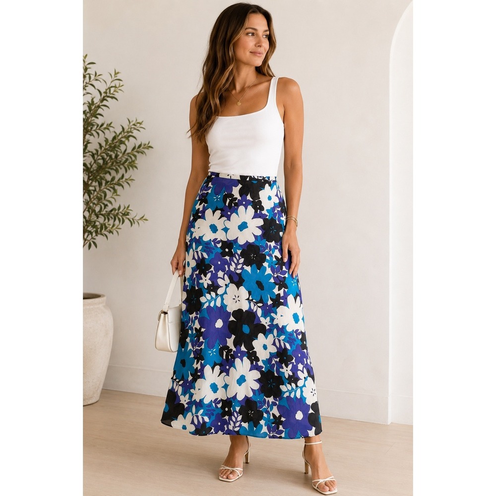 Spenser Jeremy Silk Floral Maxi Skirt Blue Purple Boho Y2K Cottagecore Womens 14
